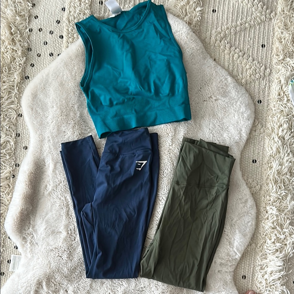 Gymshark Teal, Navy, and Olive Leggings Set